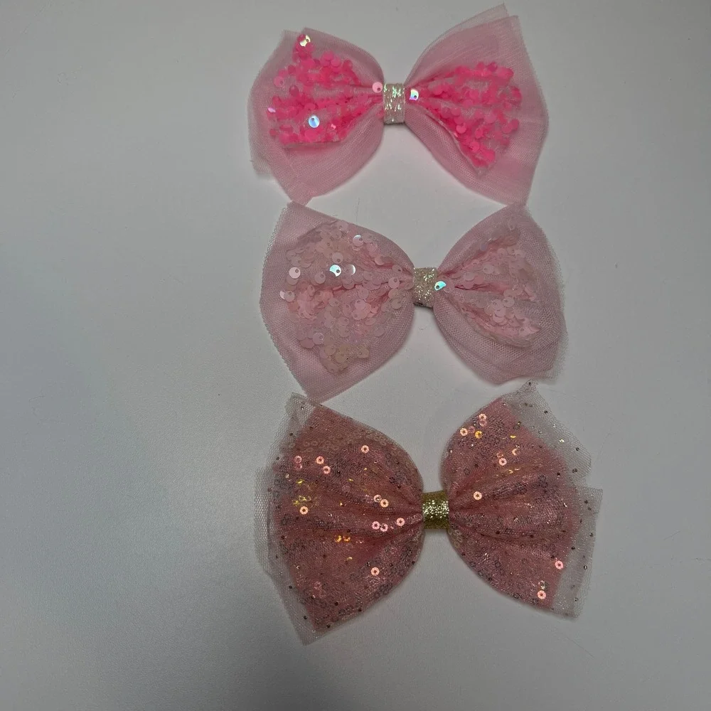 Kids Pink Sequin Tulle Bow Hair Clips Set 3 Sparkly hair Accessories‎ Girls
